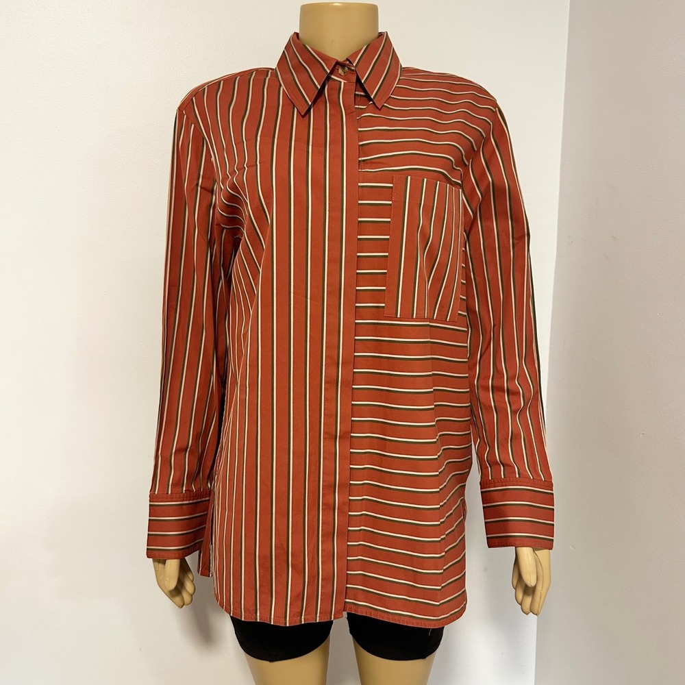 Lafayette 148 New York Women Medium Striped Cotton Button‎ Down Shirt Terracotta - Picture 7 of 8